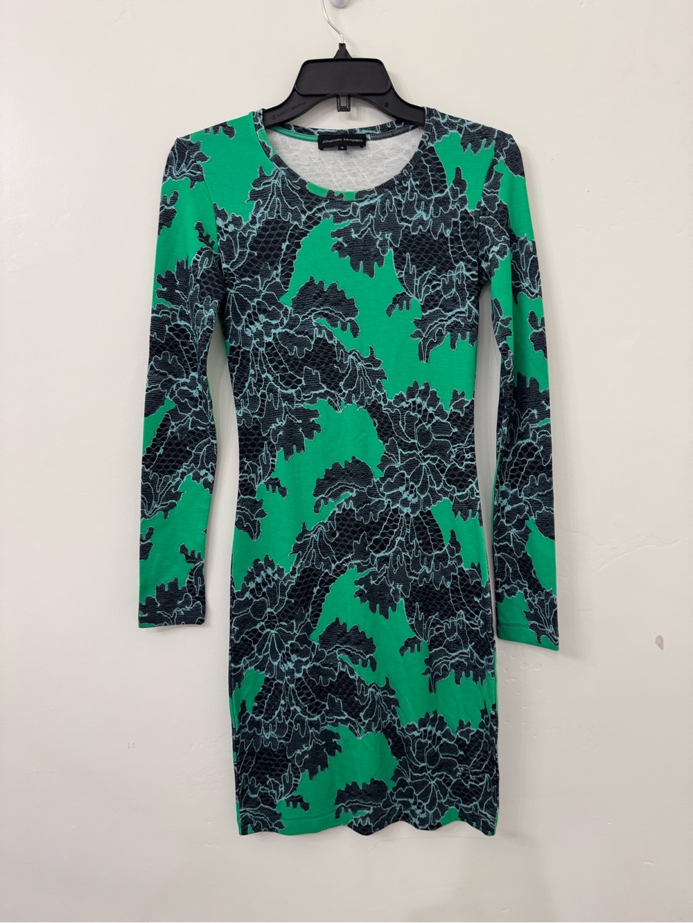 Jonathan Saunders Green & Black Abstract Floral Print Long Sleeve Dress Sz S